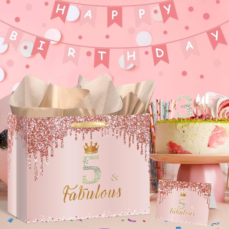 Yoirrat Rose Gold 5 & Fabulous 5th Birthday Gift Bag for Girls Large Pink Happy 5th Birthday Gift Bag with Wrapping Paper and Card for 5th Bday Decorations Party Supplies - Image 2